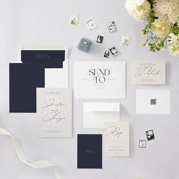 Overlay Wedding Invitations Dark Navy Signature Blank No Standard