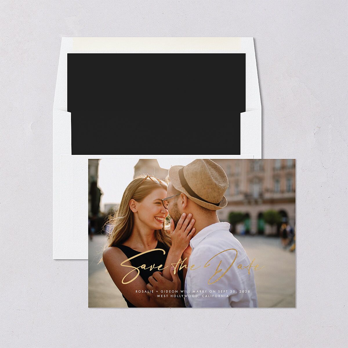 Refined Frame Save The Date Cards Gold Snow Signature smooth Blank No