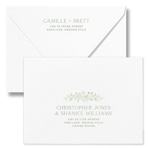 Porcelain Blue Floral Watercolor Wedding Invitation Euro Envelopes White Moss Both Recipient and Return Addresses Luxe Signature
