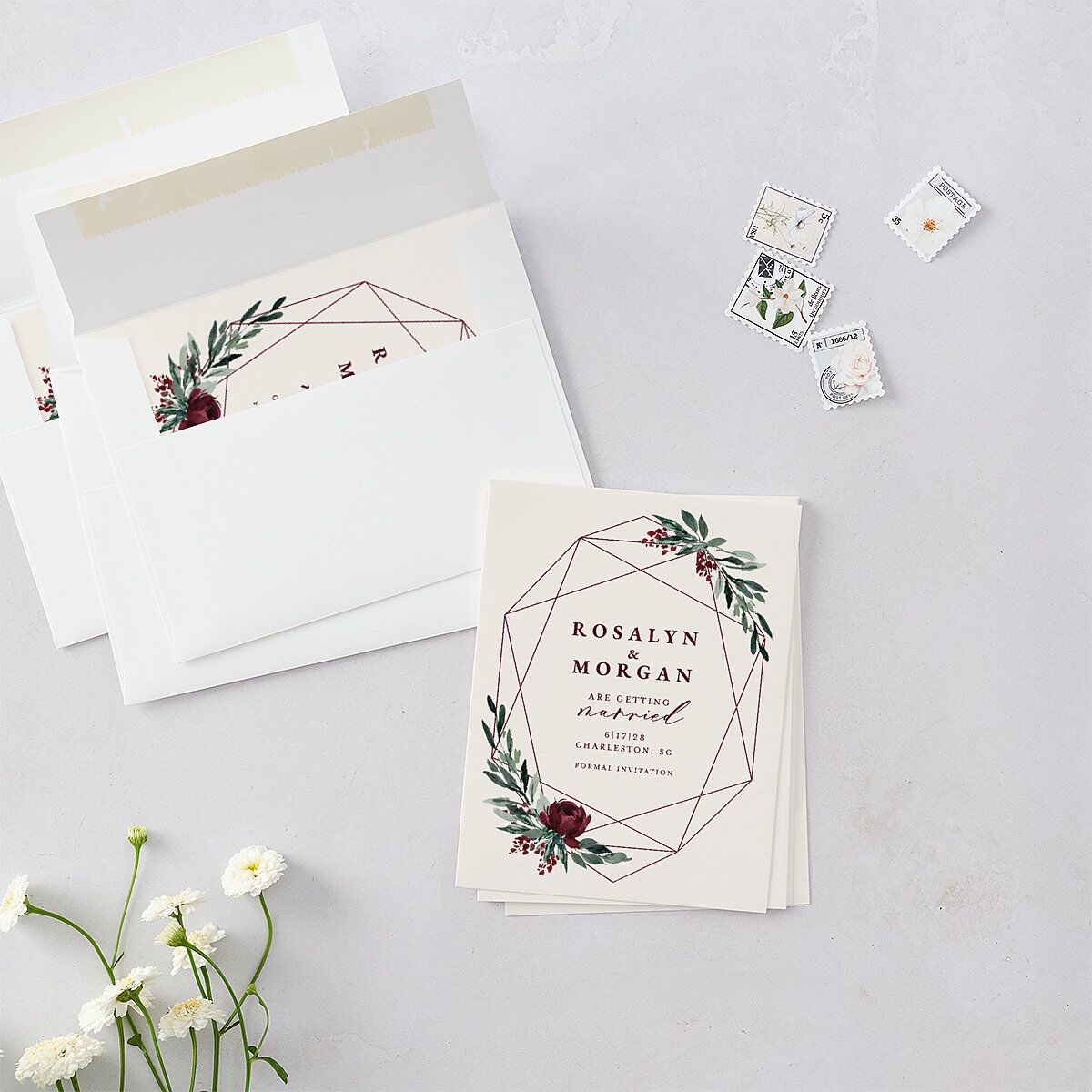 Gilded Botanical Save the Date Petite Cards Burgundy Signature smooth Blank No Standard