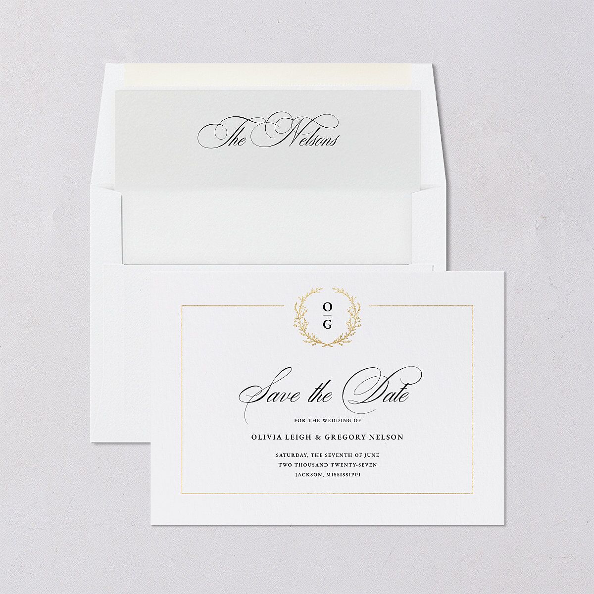 Gilded Wreath Save the Date Cards Gold Pure White Signature smooth Blank No Standard