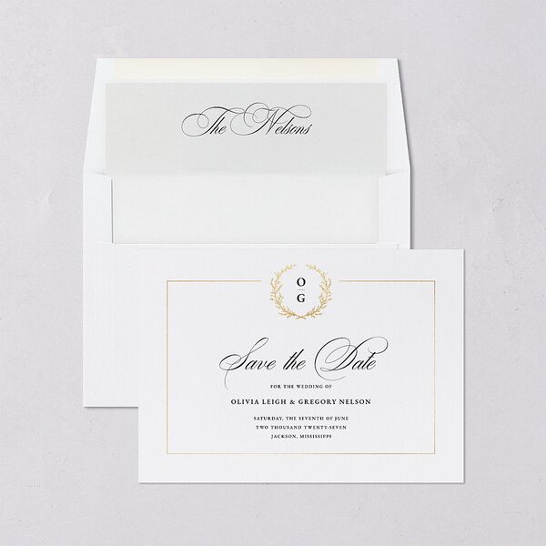 Gilded Wreath Save the Date Cards Gold Pure White Signature smooth Blank No Standard