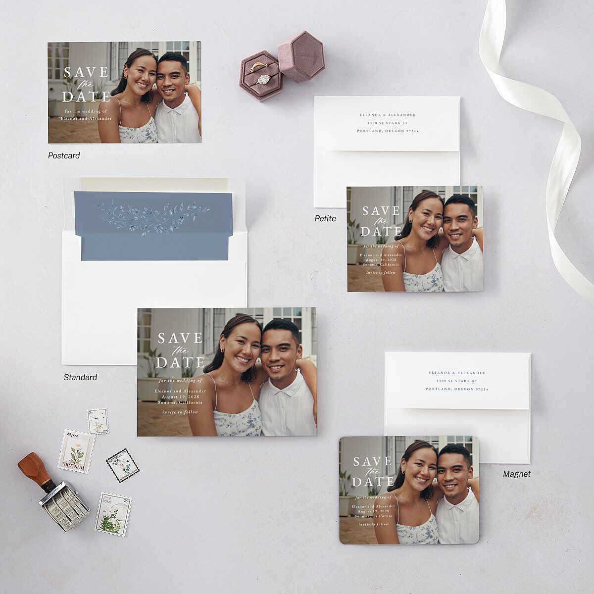 Timeless Floral Save the Date Postcards Dusty Blue
