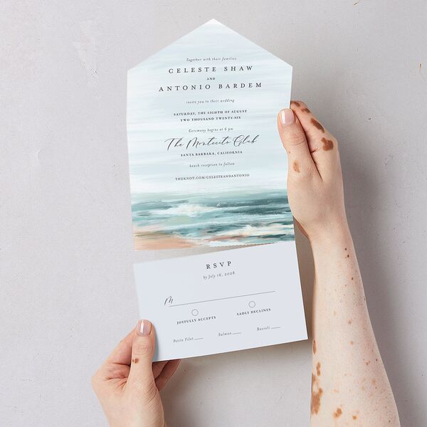 Painted Beach All-in-One Wedding Invitations Dusty Blue Signature Light Both Recipient and Return Addresses No