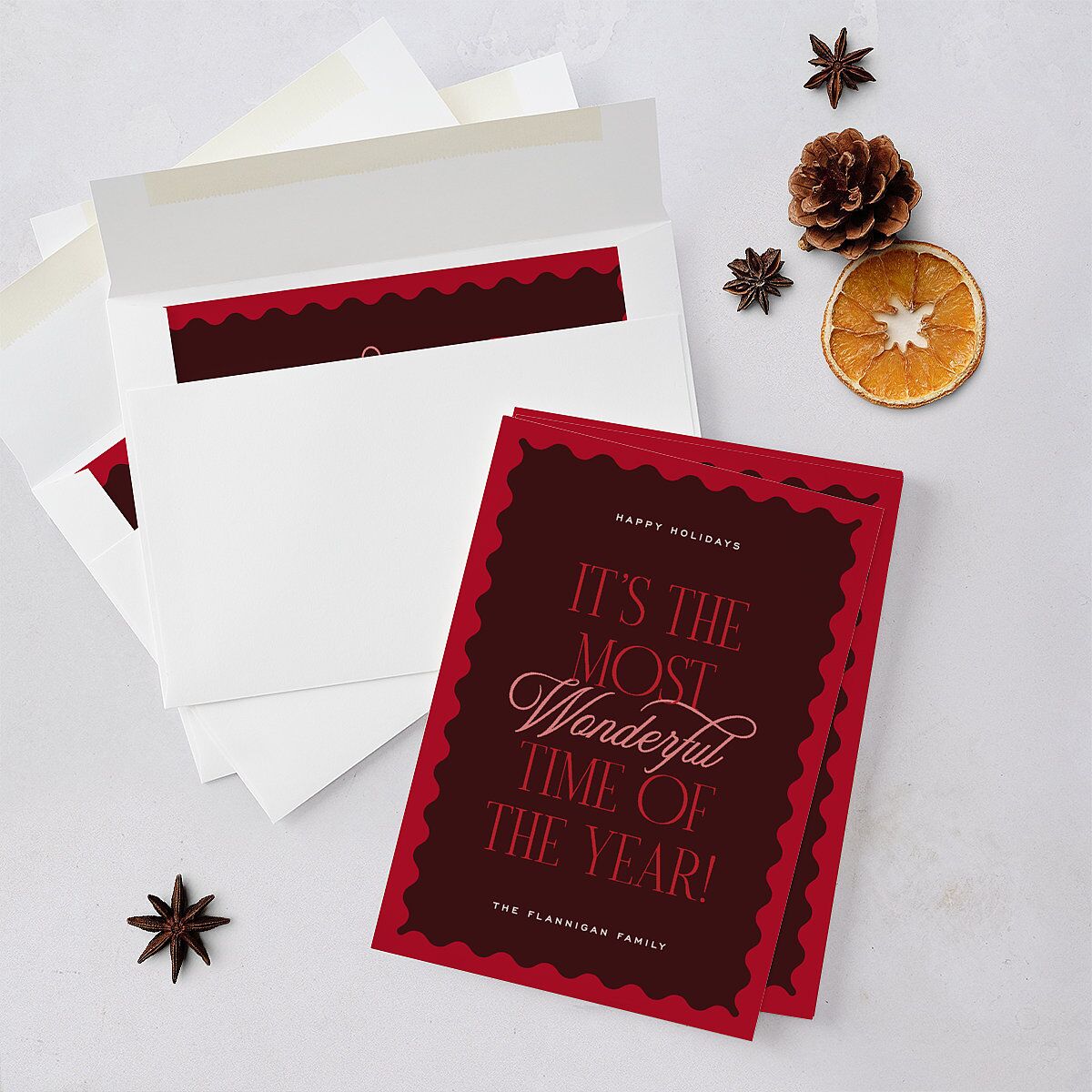 Most Wonderful Greeting Holiday Cards Maroon Signature Blank Standard