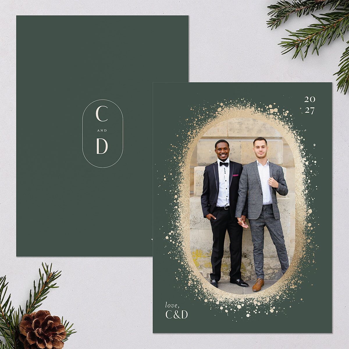 Ring in the New Year Holiday Cards Gold Dark Emerald Signature Blank Standard Portrait