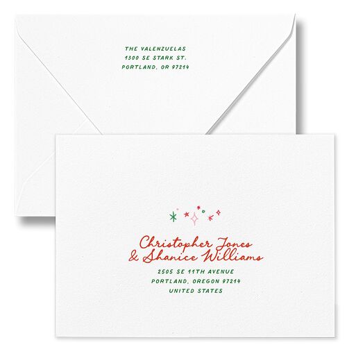 Whimsical Painted Holiday Border Holiday Card Euro Envelopes White Scarlet Both Recipient and Return Addresses Luxe Signature