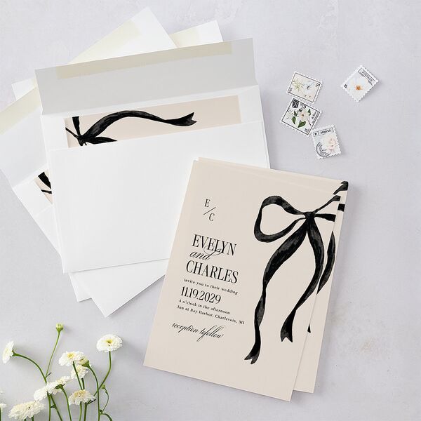 Whimsical Hand Drawn Bow Wedding Invitations Linen Signature Blank No Standard
