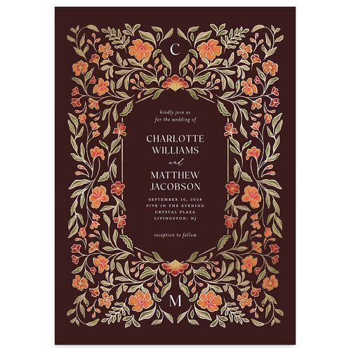 Botanical Textile Foil Wedding Invitations Gold Burgundy Signature Blank No Standard