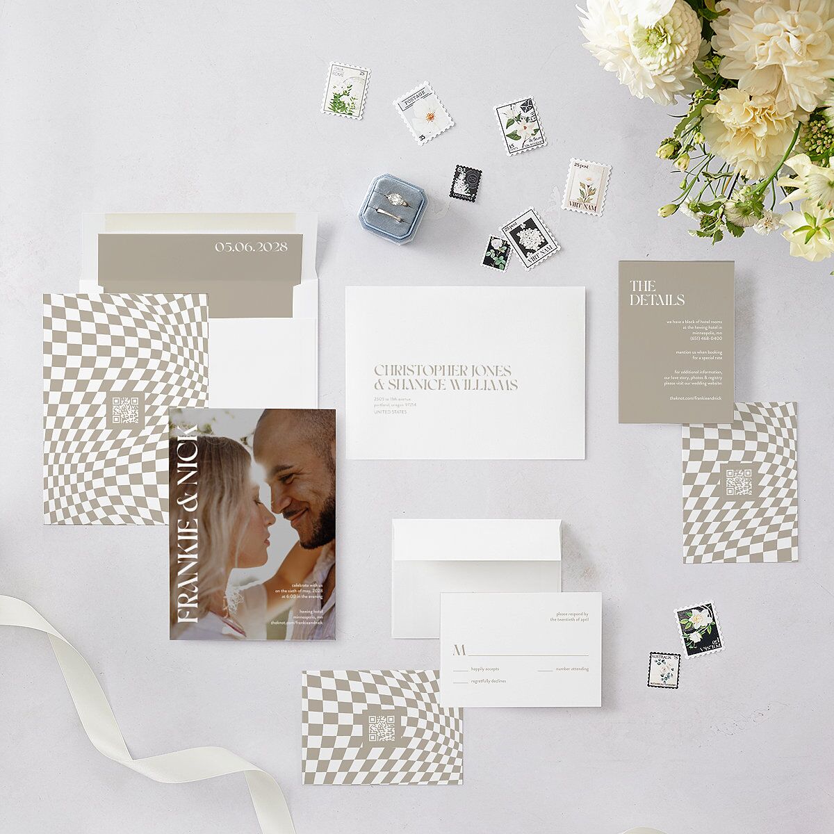 Checked Wedding Invitations Taupe Signature Blank No Standard