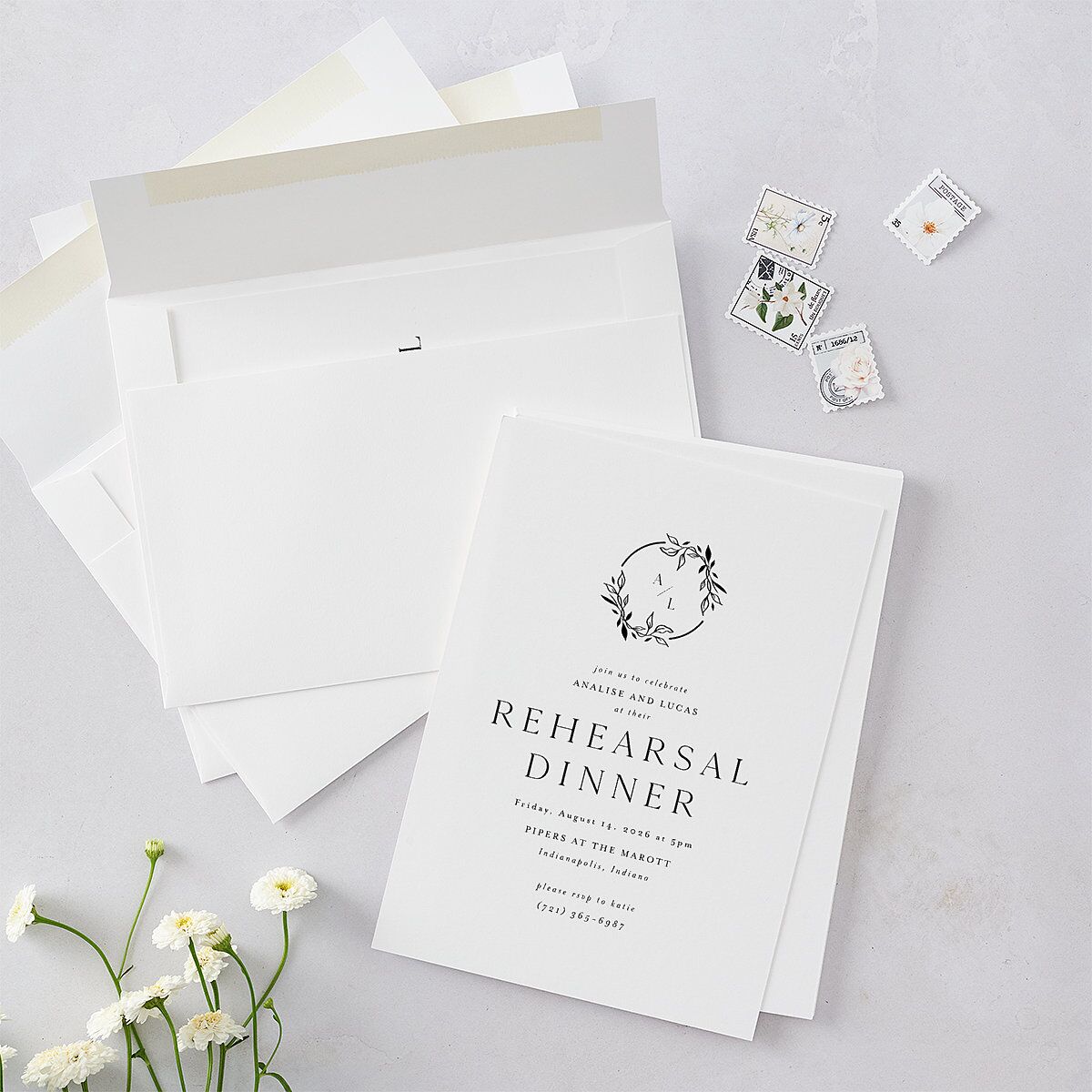 Monogram Leaves Rehearsal Dinner Invitations — view 5
