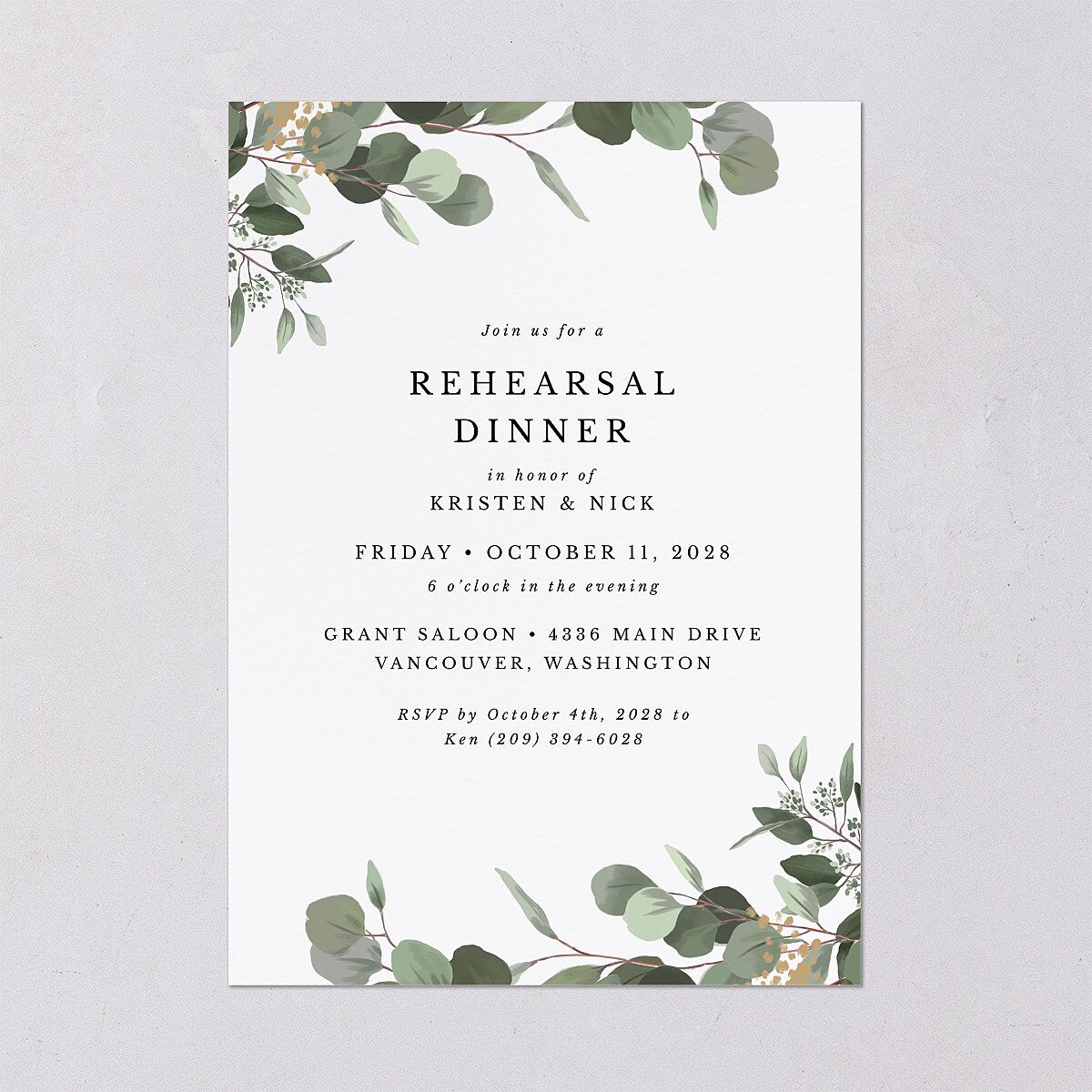 Eucalyptus Frame Rehearsal Dinner Invitations Pure White Signature Blank Standard