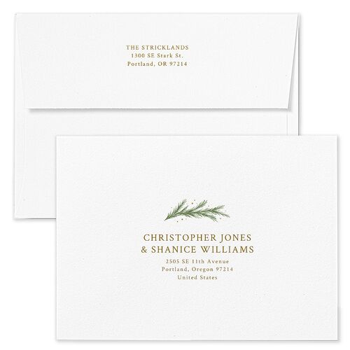 Rustic Garland Newlyweds First Christmas Holiday Card Envelopes White Linen Both Recipient and Return Addresses Standard Signature