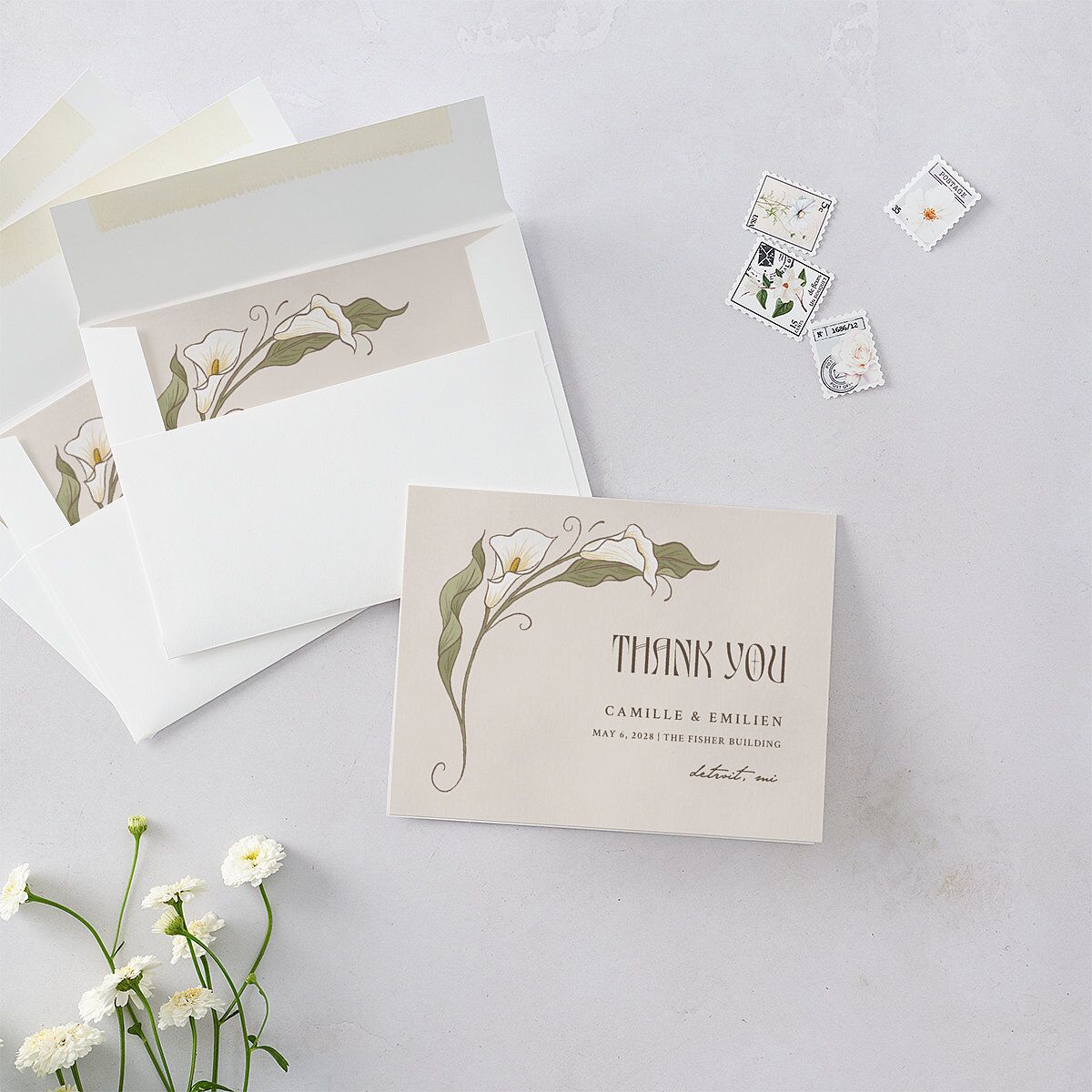 Calla Lily Nouveau Thank You Cards Champagne