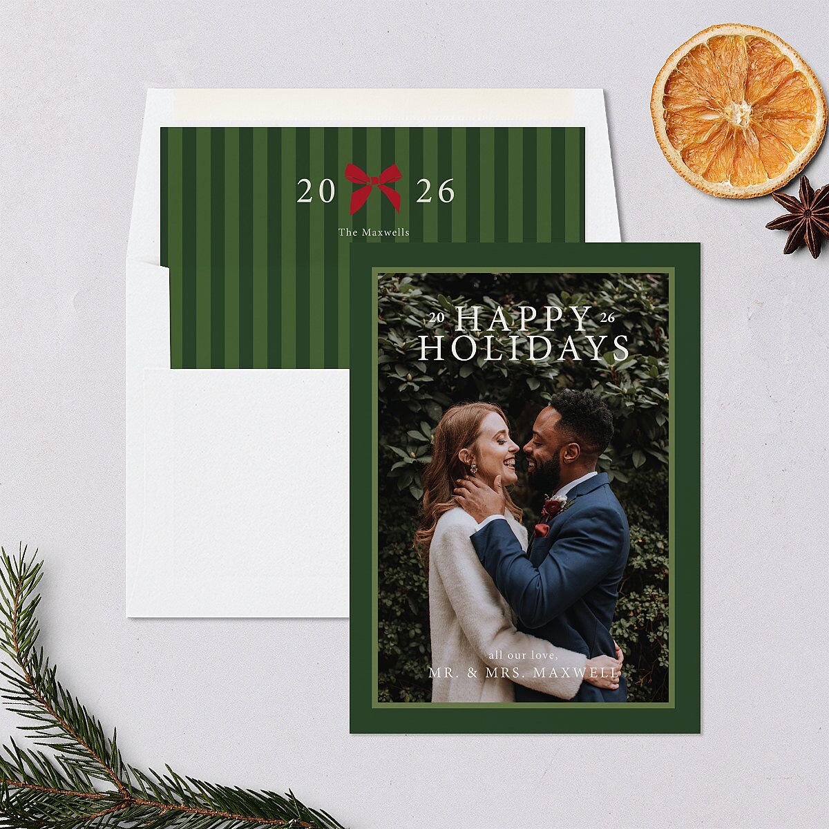 Simple Frame Photo Accent Holiday Cards Hunter Green Signature Blank Standard