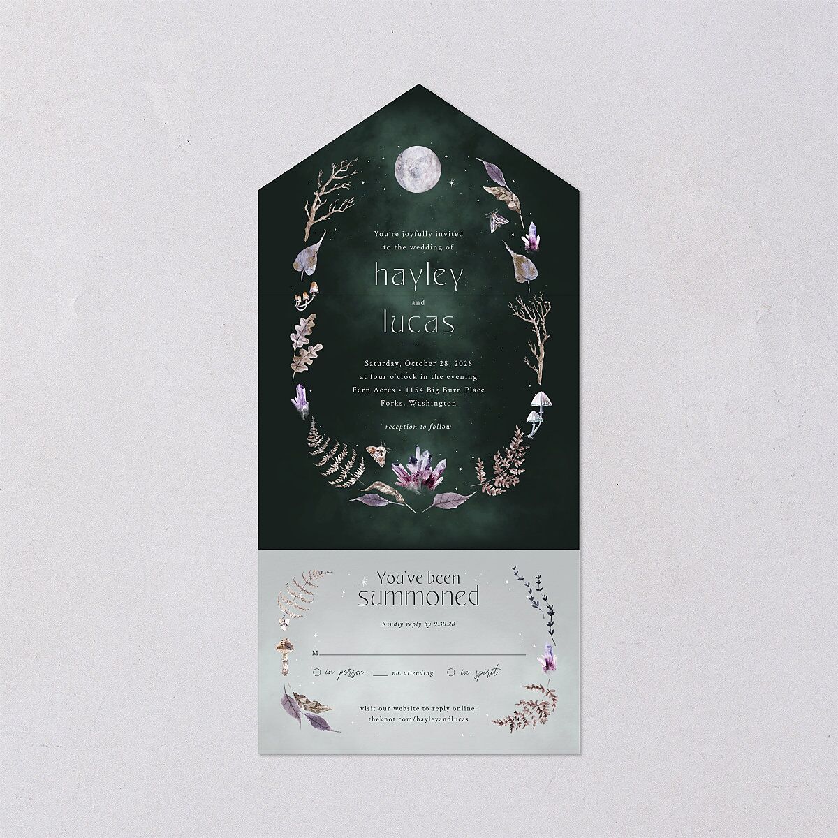 Crystal Forest All-in-One Wedding Invitations Hunter Green Signature Light Both Recipient and Return Addresses No