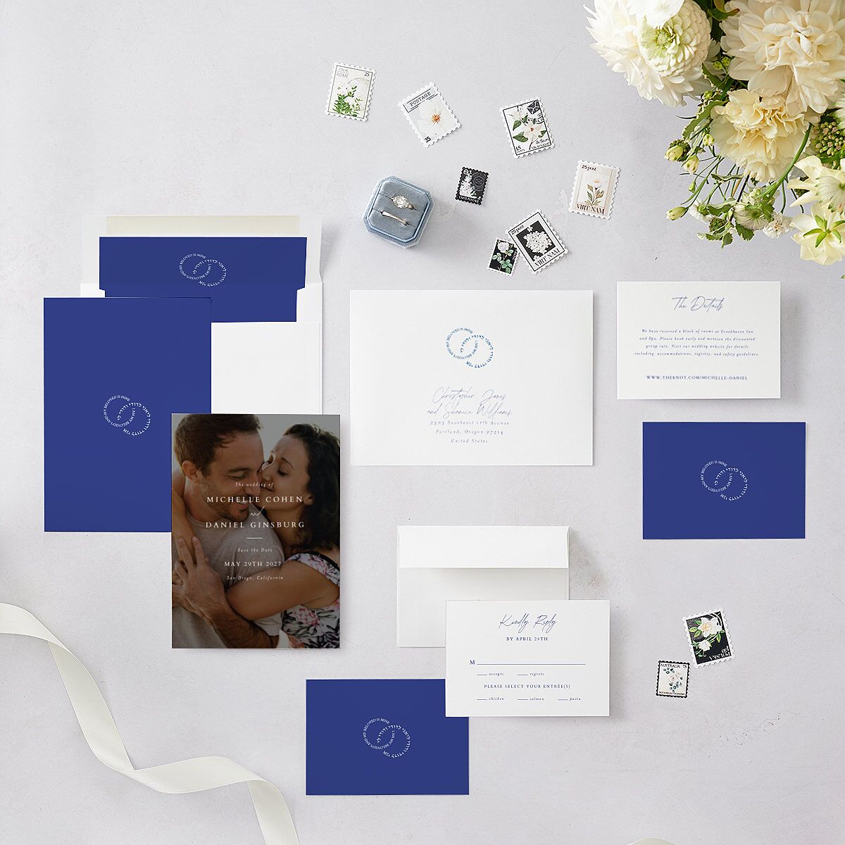 Jewish Rings Save the Date Cards Pure White Signature smooth Blank No Standard
