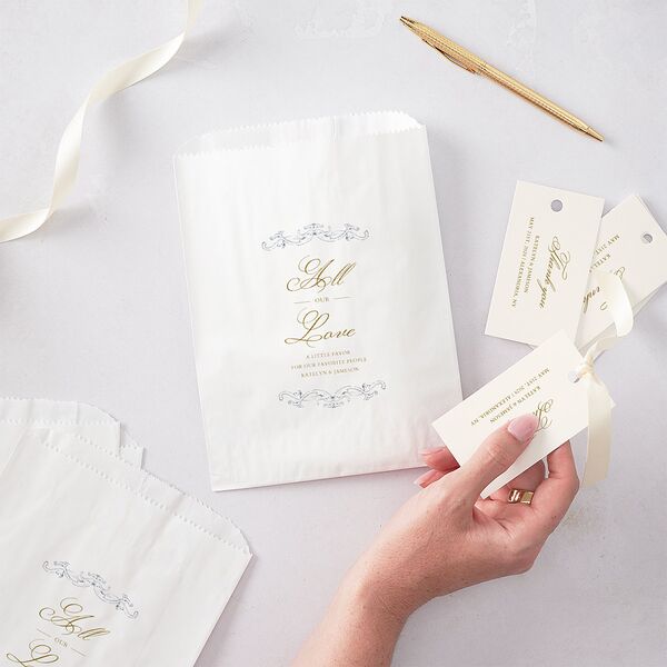 Romantic Rococo Favor Bags White Dusty Blue Wax-Lined Food Safe Paper
