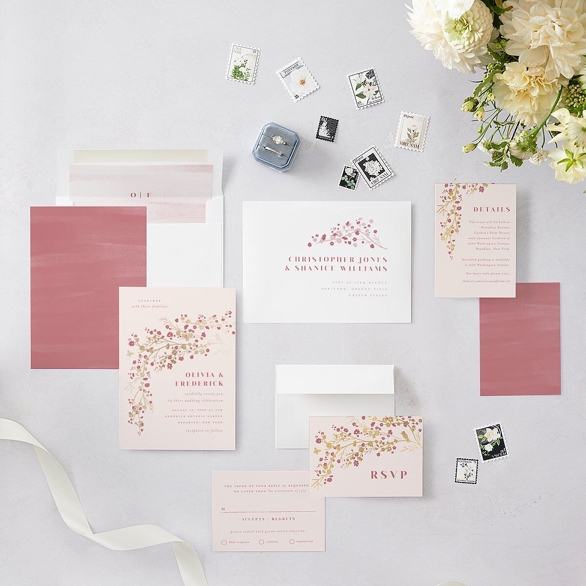 Cherry Blossoms Wedding Invitations Gold Soft Pink Signature Blank No Standard