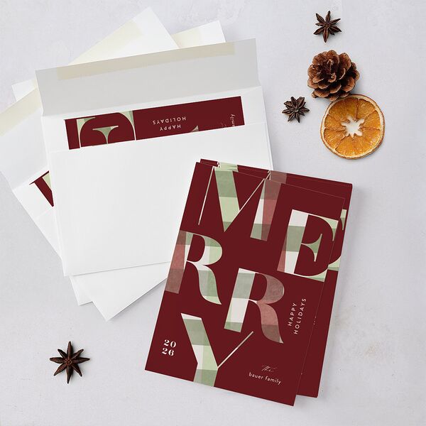 Flannel Type Holiday Cards Maroon Signature Blank Standard Portrait