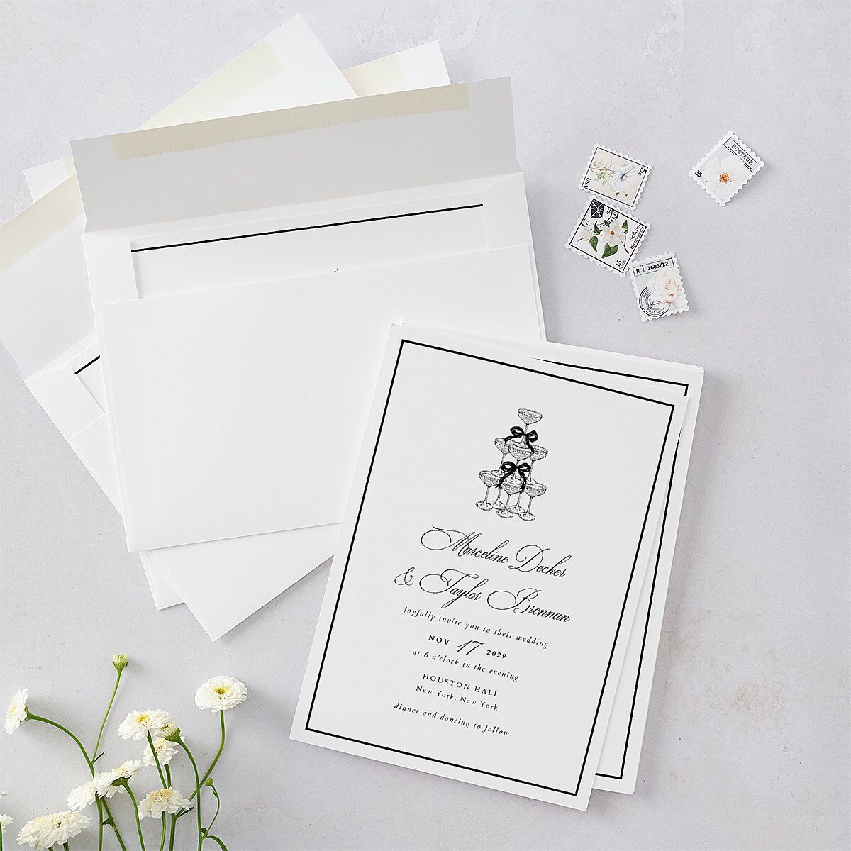 Classic Champagne with Bows Wedding Invitations Pure White Signature Blank No Standard
