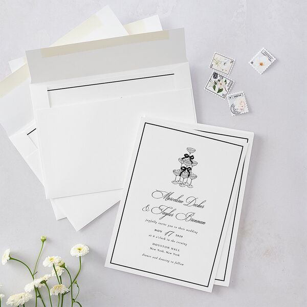Classic Champagne with Bows Wedding Invitations Pure White Signature Blank No Standard