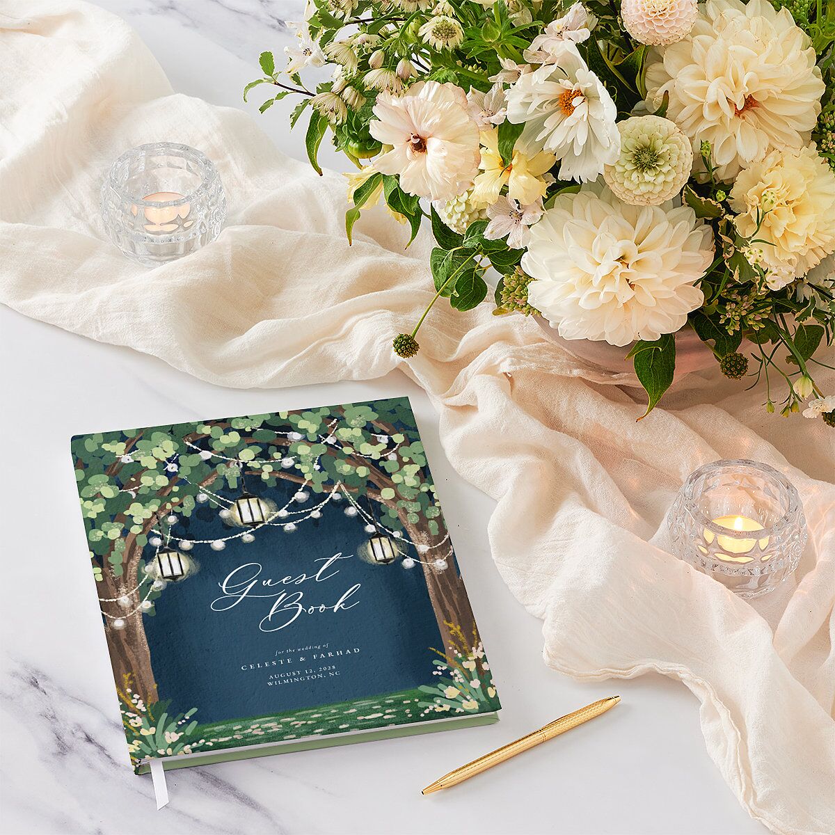 Illuminated Trees Wedding Guest Book Moody Blue