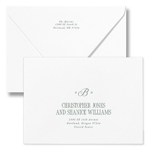 Classic Monogram First Christmas Holiday Card Euro Envelopes White Dark Emerald Both Recipient and Return Addresses Luxe Signature