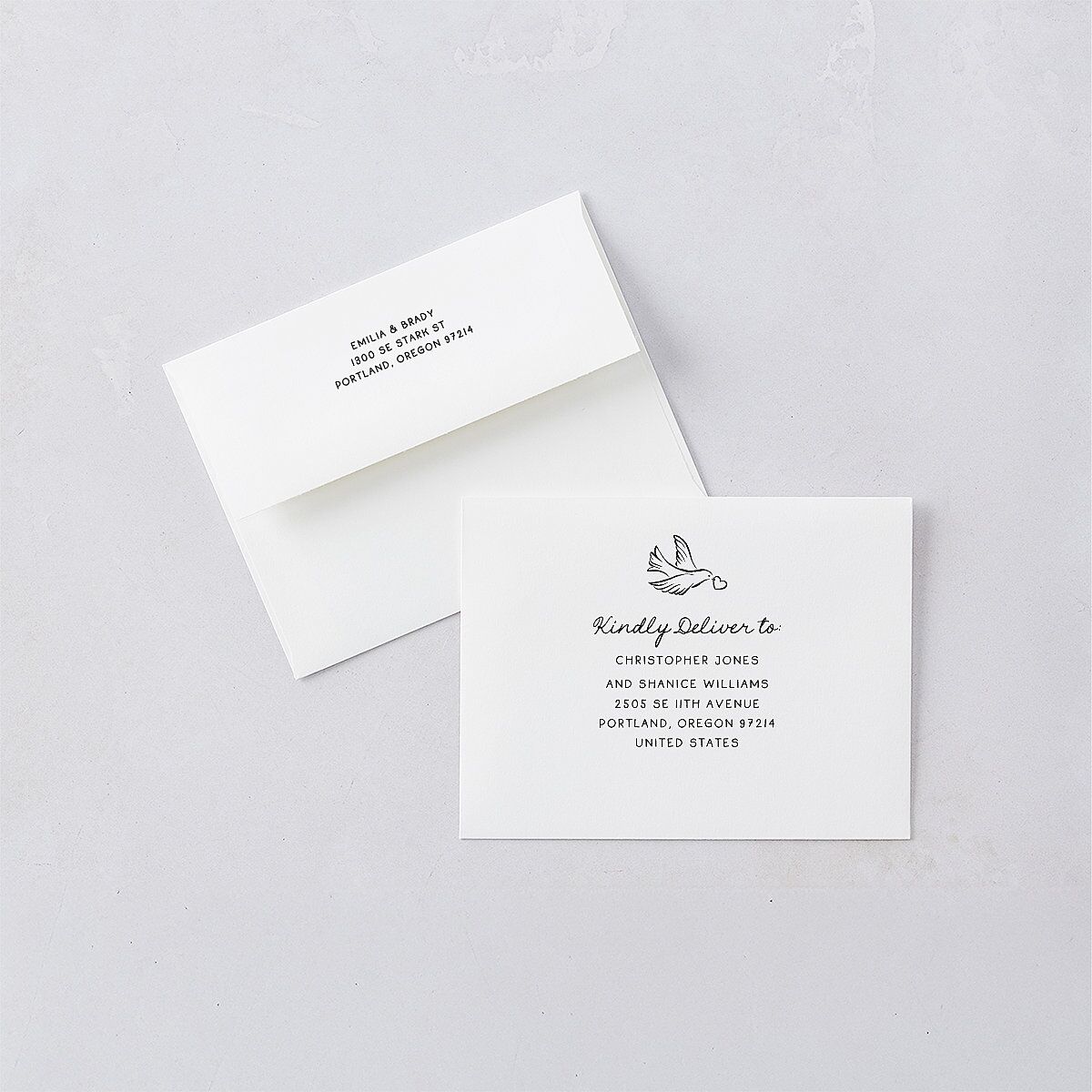 Vintage Lovebird Banner Save the Date Magnet Envelopes White Linen Both Recipient and Return Addresses Signature Standard