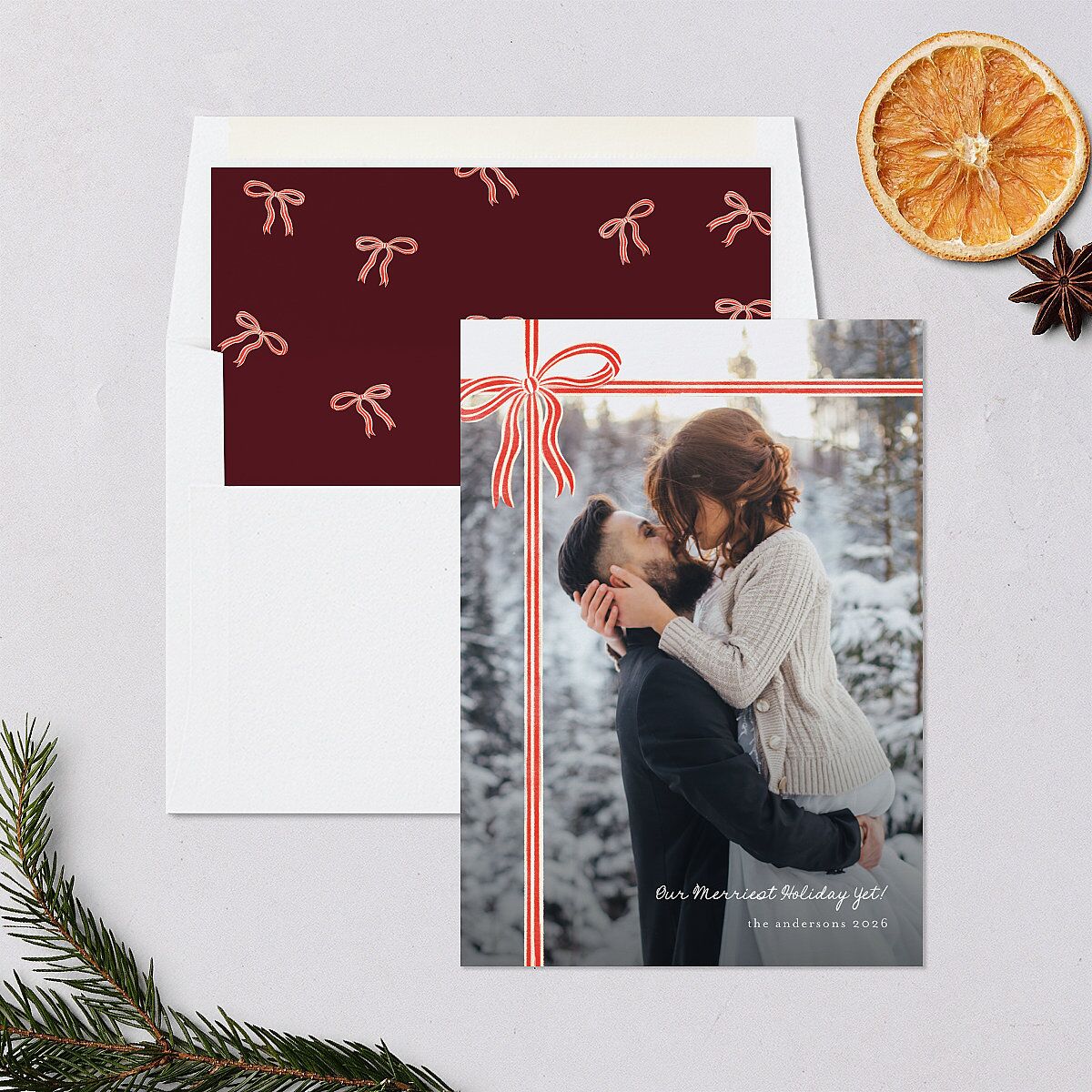 Striped Bow Photo Holiday Cards Ruby Signature Blank Standard Portrait