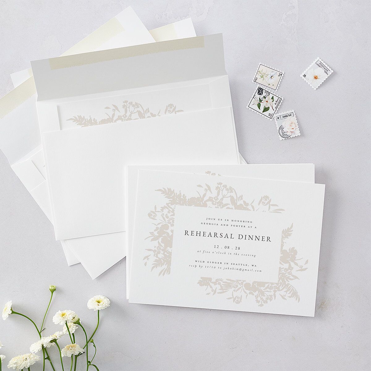 Glistening Garden Rehearsal Dinner Invitations Linen Signature Blank Standard