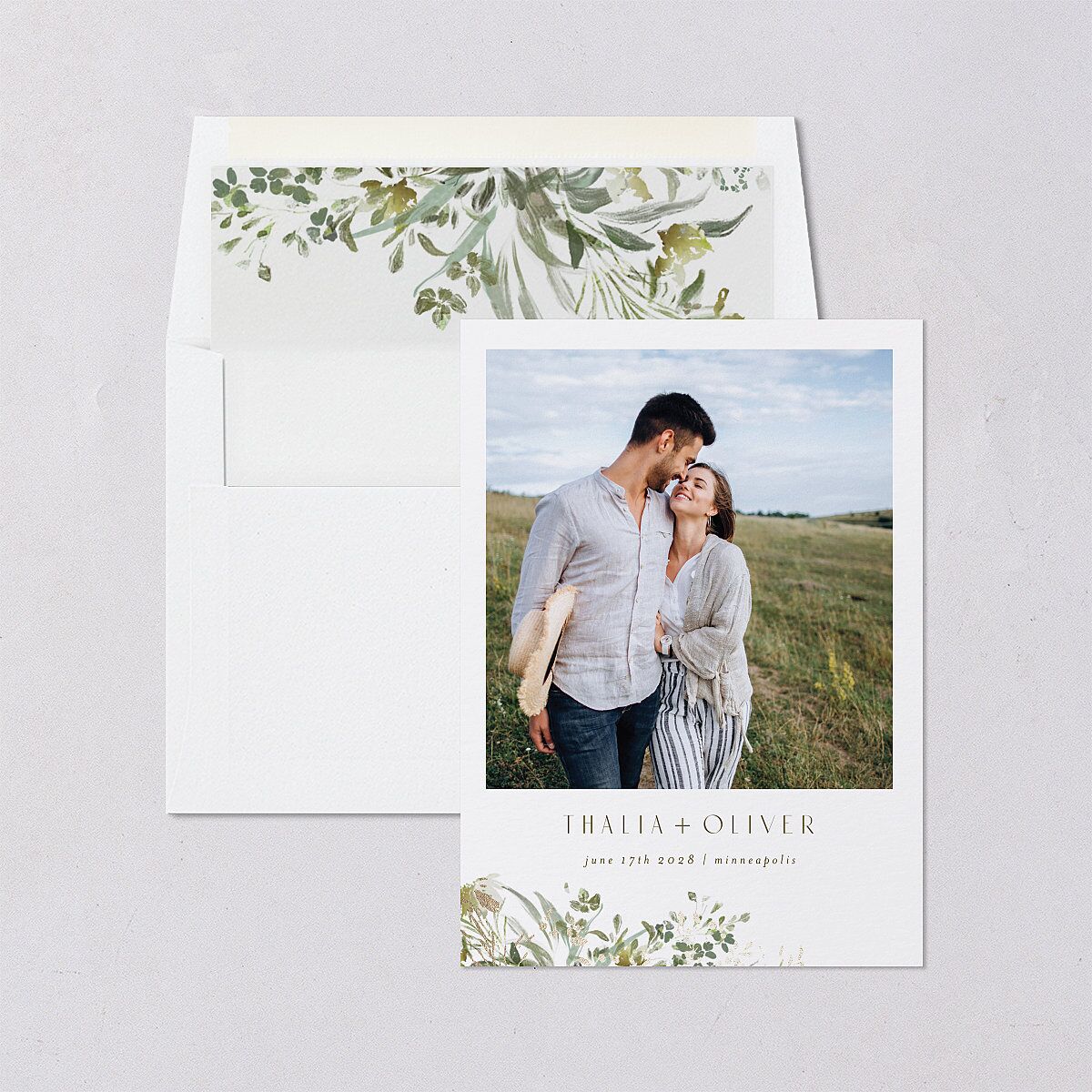Gilded Greenery Save The Date Cards Gold Pure White Signature smooth Blank No Standard