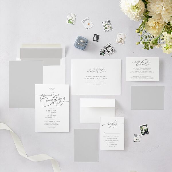 Romantic Calligraphy Wedding Invitations Silver Signature Blank No Standard