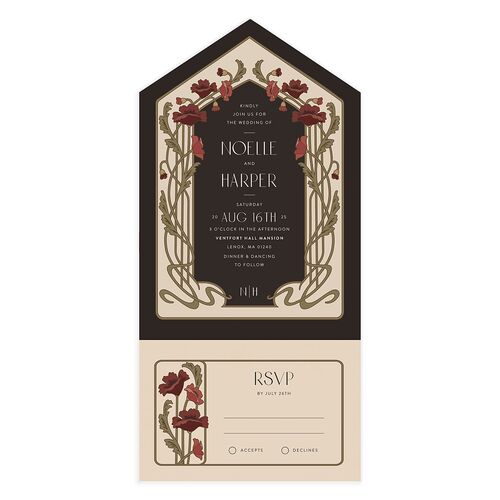 Vintage Nouveau Floral All-in-One Wedding Invitations Merlot Signature Light Both Recipient and Return Addresses No