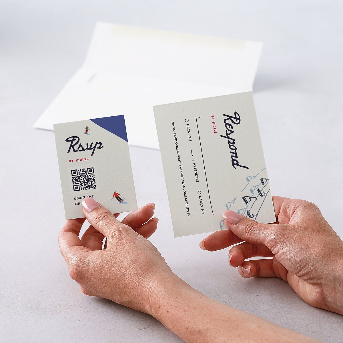 Vintage Retro Ski Poster QR Code RSVP Cards Pure White Signature Standard