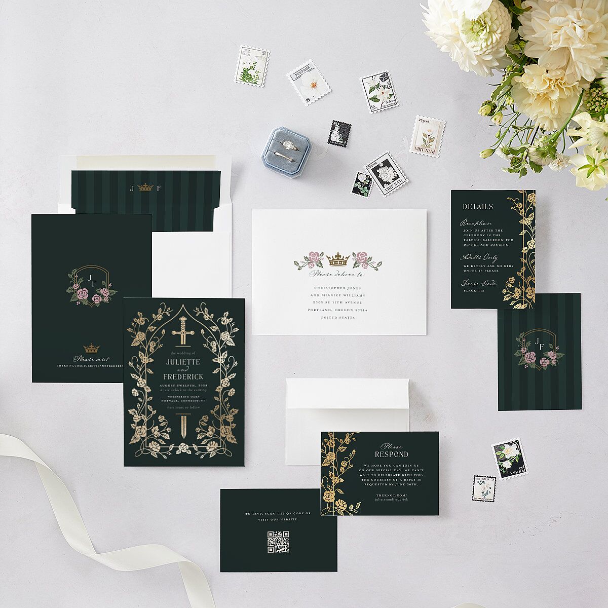 Sword and Roses Fantasy Garden Foil Wedding Invitations Wave Gold Signature Blank Standard No