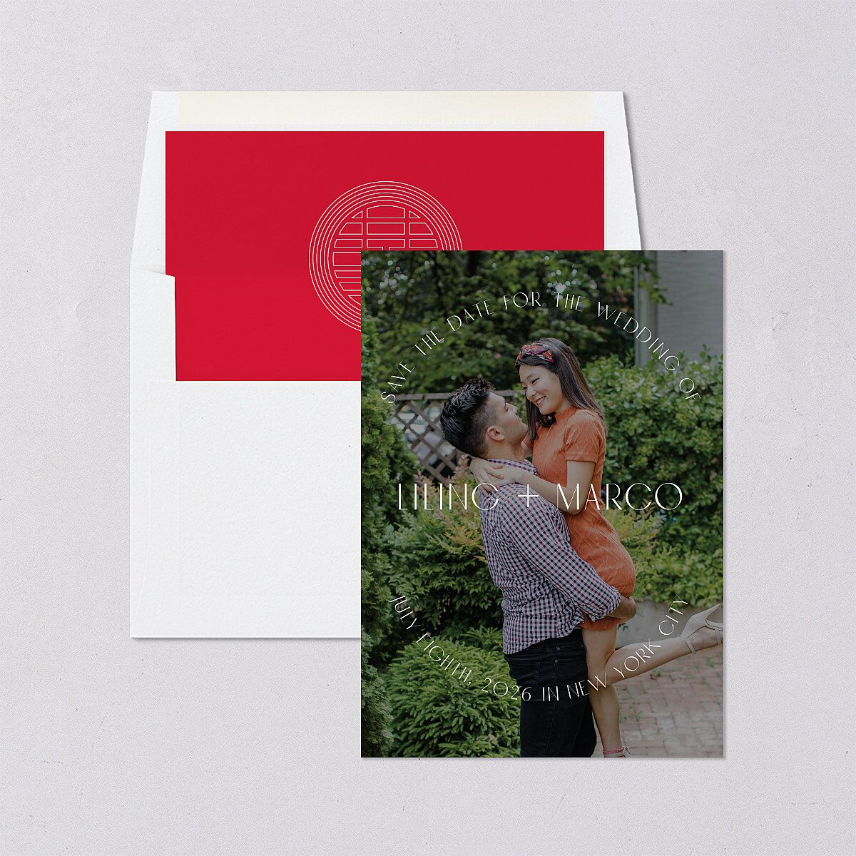 Chinese Lucky Circle Save The Date Cards True Red Signature smooth Blank No Standard