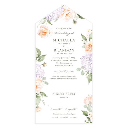 Elegant Peonies and Hydrangeas All-in-One Wedding Invitations Lilac Signature Light Both Recipient and Return Addresses No