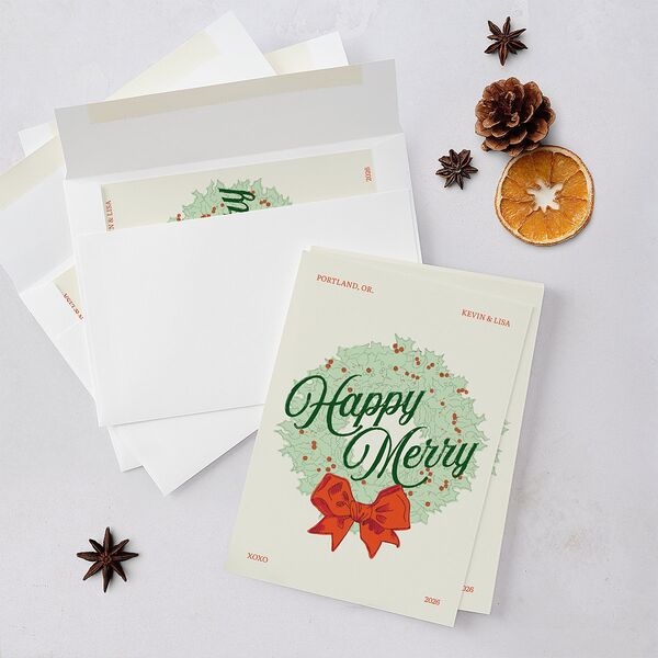 Vintage Holiday Wreath Holiday Cards Hunter Green Signature Blank Standard