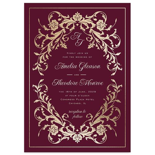 Romantic Vintage Luxury Foil Wedding Invitations Gold Burgundy Signature Blank No Standard