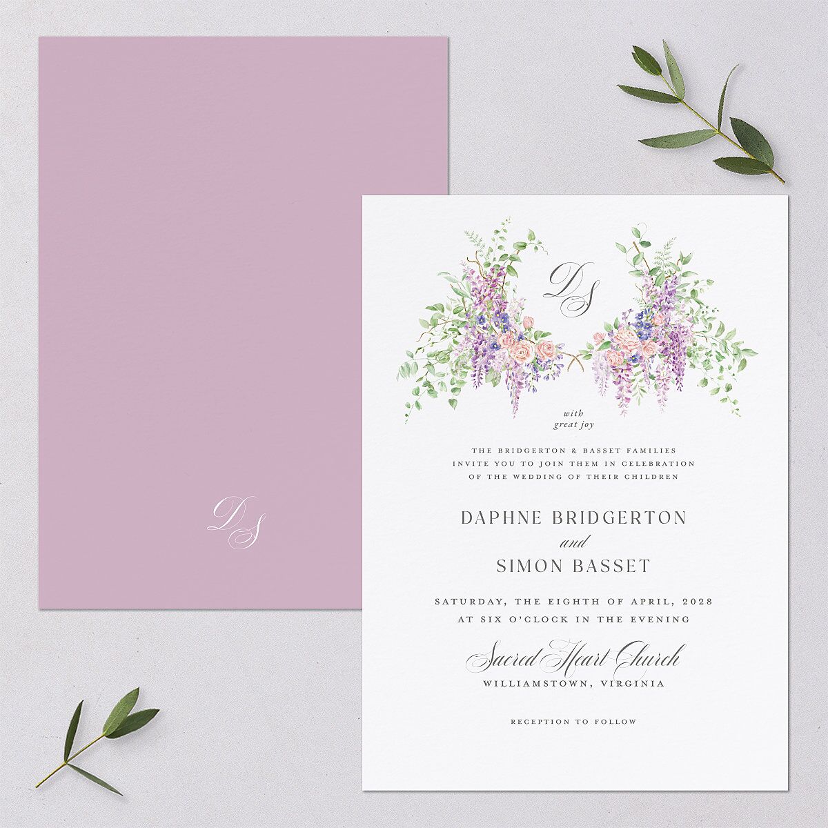 Formal Wisteria Garden Crest Wedding Invitations by Bridgerton — view 1