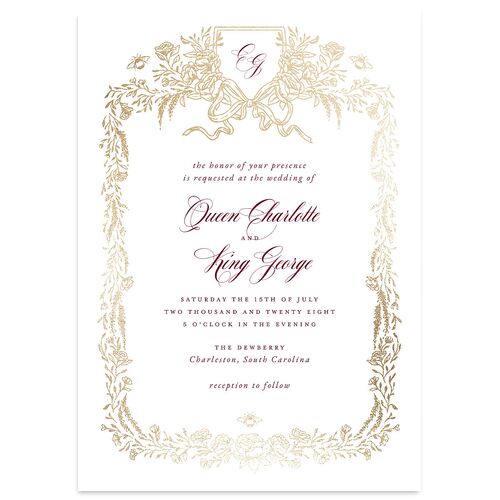 Rose Garden Crest Wedding Invitations by Bridgerton Gold Dark Berry Signature Blank No Standard
