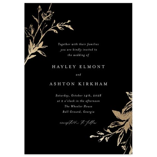 Shining Leaves Foil Wedding Invitations Midnight Gold No Signature Blank Standard