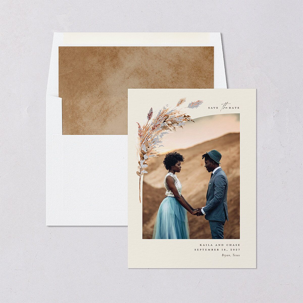 Soft Pampas Foil Save the Date Cards Silver Sepia Signature smooth Blank No