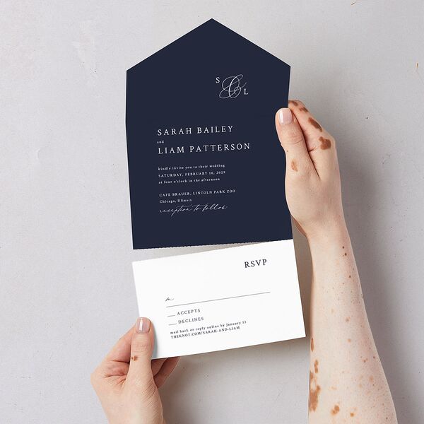 Elevated Minimalist Ampersand All-in-One Wedding Invitations Navy Signature Light Both Recipient and Return Addresses No