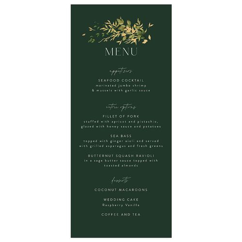 Harvest Crescent Foil Menus Gold Dark Emerald Signature