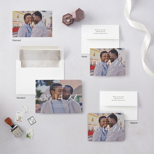 Striking Portrait Save the Date Cards Pure White Signature smooth Blank No Standard