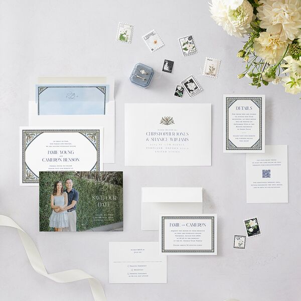 Church Stained Glass Save the Date Cards Moody Blue Signature smooth Blank No Standard