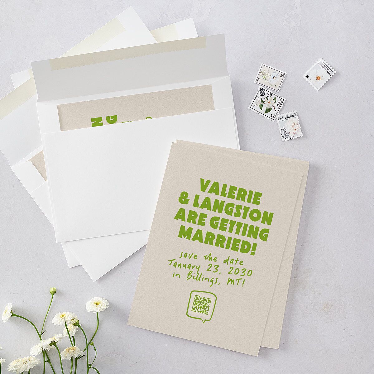 Retro Modern QR Code Save the Date Cards Greenery Signature smooth Blank No Standard