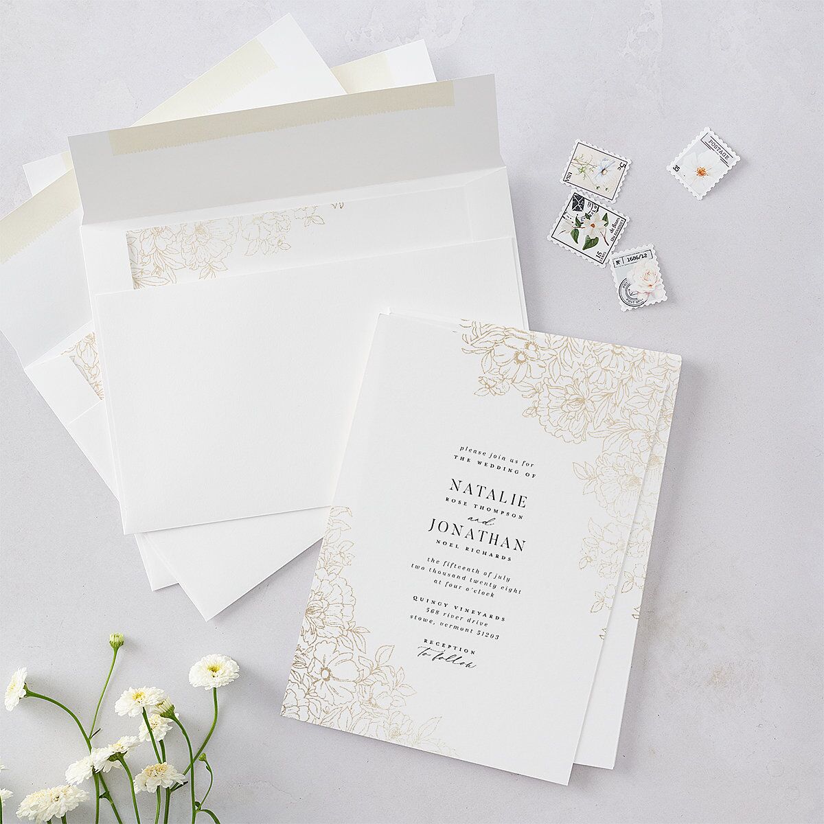 Gilded Florals Wedding Invitations Gold Blossom Signature Blank No Standard